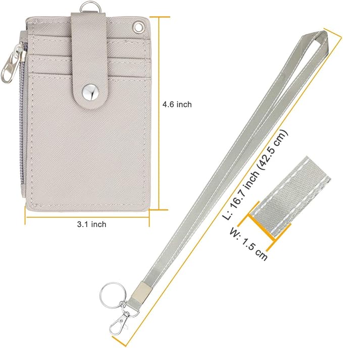 HASFINE ID Badge Holder with Lanyard,2 Sided 5 Card Slots ID Card Holder Wallet with PU Leather Zipper Pocket and Detachable Keychain Lanyard for Teens Men Women(Gray)