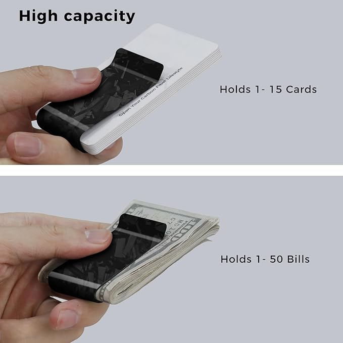 LittleBlack Real Carbon Fiber Money Clip,1.5in Wide Ultra Thin&Slim Minimalist Cash&Credit Card Holder Up To 50 Bills,Mens Business Front Pocket Wallet-Forged Glossy Black