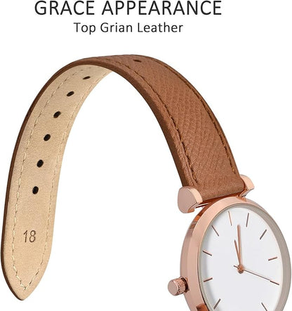 WOCCI 14mm Grace Watch Band for Ladies, Top Grain Leather, Quick Release Replacement Strap with Rose Gold Buckle (Brown)