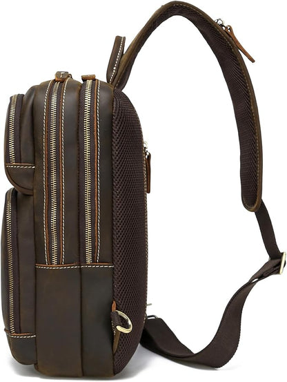 LANNSYNE Full Grain Leather Sling Bag For Men, Crossbody Bag fits 12.9" iPad Crossbody Chest Daypack
