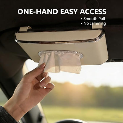 Leather Car Tissue Box for Car Interior, Multi-Function Tissue Holder with Visor Clip, Armrest & Back Seat Napkin Organizer, Vehicle Tissue Dispenser Accessories (Beige Hanging)