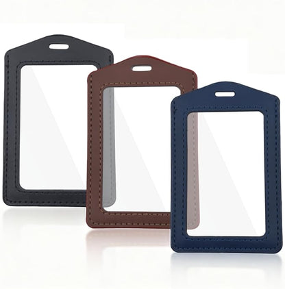 3 Pcs Genuine Leather ID Badge Holders, Vertical ID Card Holder Set, Dual-Sided Clear Window, Waterproof Name Tag Holder for Office Staff, Students, Employees (Black Brown Blue)