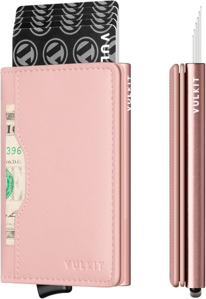 VULKIT Slim Pop up Wallet for Women Minimalist Credit Card Holder with Leather Slots Men's Bifold RFID Blocking Metal Wallets