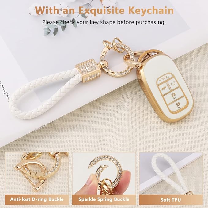PIFOOG Key Fob Cover Fit for Honda 2025 2024 2023 CRV Civic Accord Pilot HRV 5 Button Car Smart Keys Shell Case with Bling Keychain Full Protector Accessories White Gold TPU Cute Girly Women
