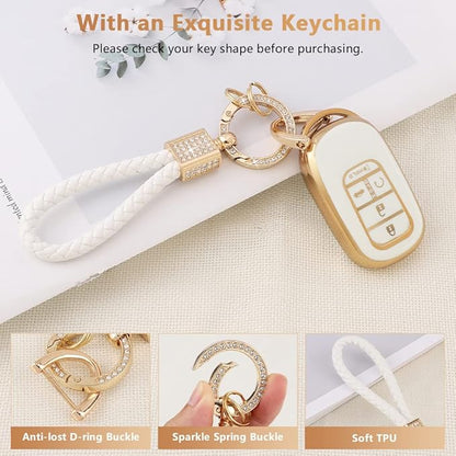 PIFOOG Key Fob Cover Fit for Honda 2025 2024 2023 CRV Civic Accord Pilot HRV 5 Button Car Smart Keys Shell Case with Bling Keychain Full Protector Accessories White Gold TPU Cute Girly Women