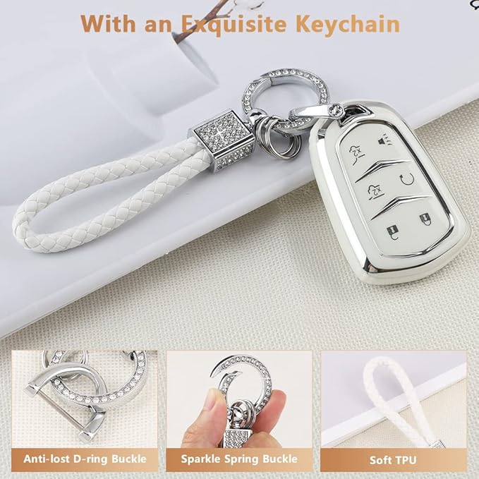 PIFOOG Escalade Key Fob Cover for Cadillac 6 Button Smart Keys Case Proector Accessories TPU Soft Bling Keychain White Silver Girly Cute for Cadillac Escalade ESV 2015-2020