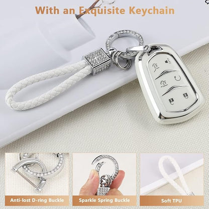 PIFOOG Escalade Key Fob Cover for Cadillac 6 Button Smart Keys Case Proector Accessories TPU Soft Bling Keychain White Silver Girly Cute for Cadillac Escalade ESV 2015-2020