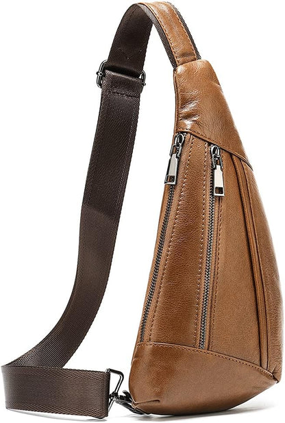 Hebetag Leather Crossbody Sling Bag for Men Women Single Shoulder Chest Pack Backpack Outdoor Travel Camping Casual Daypack Brown