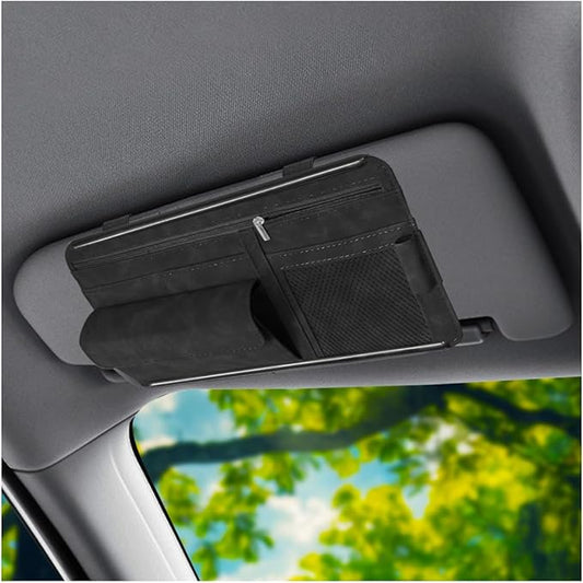 Car Sun Visor Organizer, Leather Multi-Pocket Glasses Card Holder with Zipper, Waterproof Scratch-Resistant Sunshade Storage Bag, Universal Auto Interior Accessory for Car/Truck/SUV (Black)