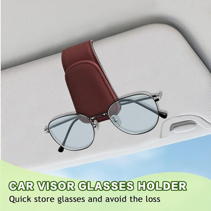 Sunglass Holder for Car, Sunglasses Clip for Car Visor, Magnetic Leather Vehicle Eyeglass Hanger Clip, Auto Ticket Card Glasses Organizer Clamp Accessories for SUV Sedan (Wine Red)