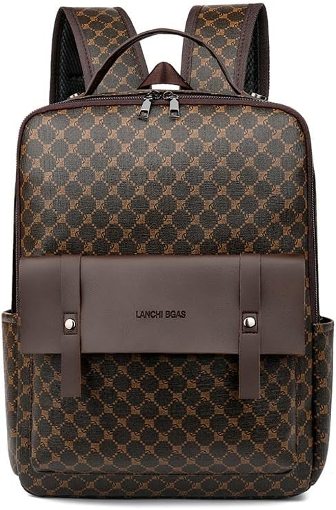 Retro men's business plaid backpack can hold a 15.6-inch laptop, women's stylish travel waterproof leather backpack. (brown cicle-16.1inch)