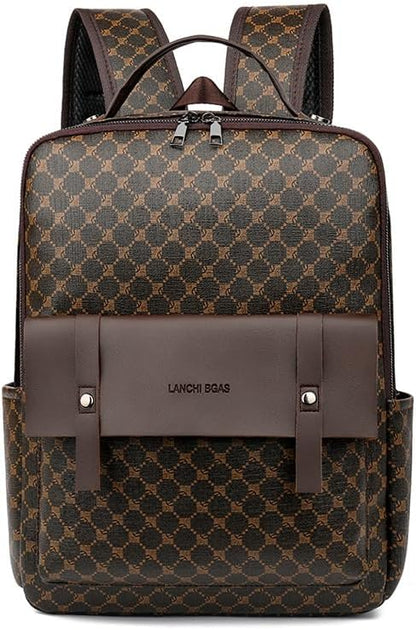 Retro men's business plaid backpack can hold a 15.6-inch laptop, women's stylish travel waterproof leather backpack. (brown cicle-16.1inch)
