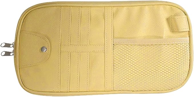 ZIMISI Car Visor Organizer, Double Zipper Sunglass Holder with Elastic Bands, PU Leather Car Storage Holder, Multi-Pocket Storage Pouch, Sun Visor Organizer for Most Cars (Beige)