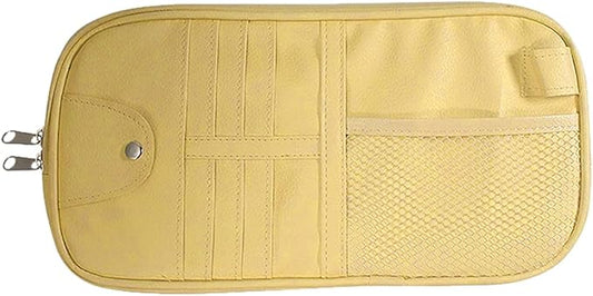 ZIMISI Car Visor Organizer, Double Zipper Sunglass Holder with Elastic Bands, PU Leather Car Storage Holder, Multi-Pocket Storage Pouch, Sun Visor Organizer for Most Cars (Beige)