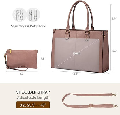 LOVEVOOK Laptop Tote Bag for Women, 15.6 Inch Large Capacity Vintage Leather Work Computer Bag, Business Casual Shoulder Handbag, Lotus Pink