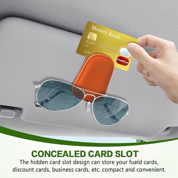 Sunglass Holder for Car, Sunglasses Clip for Car Visor, Magnetic Leather Vehicle Eyeglass Hanger Clip, Auto Ticket Card Glasses Organizer Clamp Accessories for SUV Sedan (Orange)