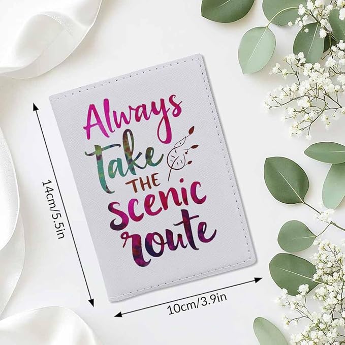 Word Design Passport Holder for Travel Always Take the Scenic Route PU Leather Passport Cover Wallet Cute Passport Card Holder for Women and Men