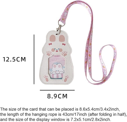Cute Badge Holder Lanyard Cartoon Bunny ID Card Holder Kawaii ID Badge Keys Lanyard Strap Neck Lanyard PU Leather Badge Holder for Women Girls Boys (Bunny)