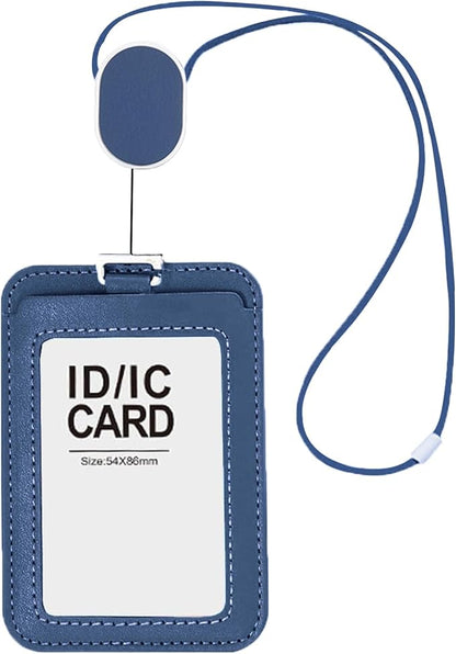 Larpur Retractable Badge Holder with Badge Reel, PU Leather Work ID Card Holder Case for School Office, Blue Key Card Credit Card Holders with Lanyard