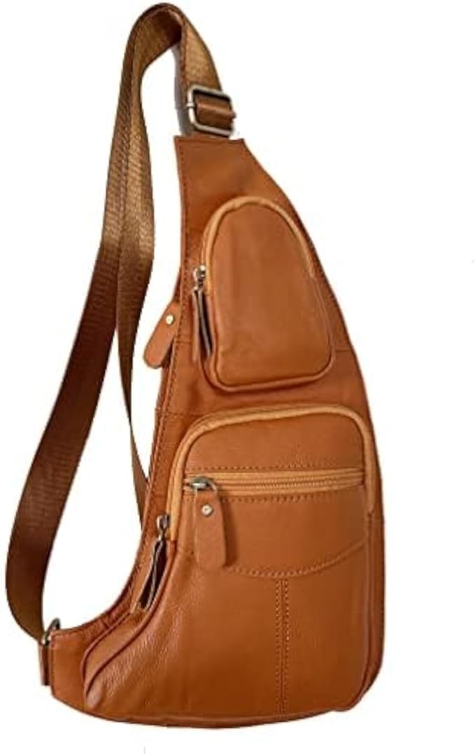 Hebetag Small Leather Sling Bag Crossbody Backpack for Men Women Travel Outdoor Sports Hiking Camping Shoulder Chest Day Pack Daypack Yellow Brown