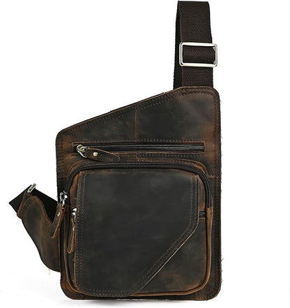 Thick Crazy horse Leather Triangle Crossbody Sling Chest Bag Travel One Shoulder Bag Daypack For Men Male 3028