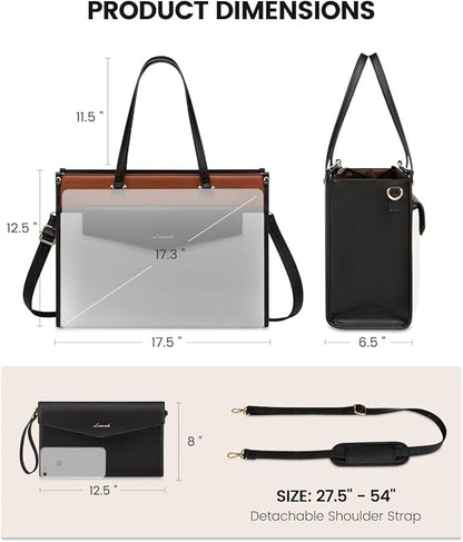 LOVEVOOK Laptop Bag for Women, 17.3'' Laptop Tote Purse 2-in-1 Professional Work Bag Business Briefcase with Clutch Purse, Waterproof Leather Computer Handbag for Teacher Office Travel