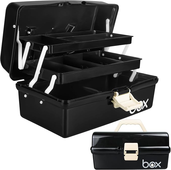 TERGOO 12in Three-Layer Multipurpose Storage Box Organizer Folding Tool Box/Art & Crafts Case/Sewing Supplies Organizer/Medicine Box/Family First Aid Box with 2 Trays (Black)…
