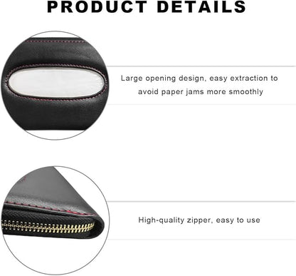 Car Tissue Holder, Sun Visor Napkin Box Premium PU Leather Tissue Case with Zipper, Rectangular Hanging Paper Organizer Mask Dispenser for Sedans SUVs Trucks, Car Accessories (Black)