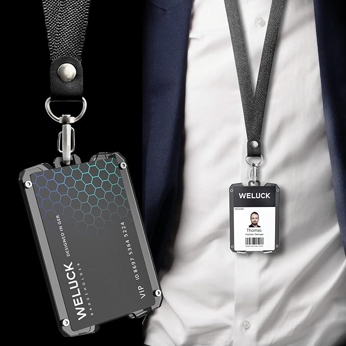 Badge Holder Wallet, Aluminum Card Holder with Metal Clip, Lanyard ID Holder 4 Cards Storable for Business Office Work Police Outdoor Gift (Black02)