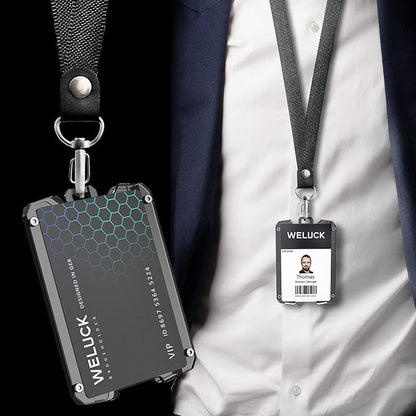Badge Holder Wallet, Aluminum Card Holder with Metal Clip, Lanyard ID Holder 4 Cards Storable for Business Office Work Police Outdoor Gift (Black02)