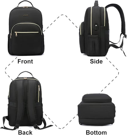LOVEVOOK Laptop Backpack Purse for Women, Work Travel Computer Bags, Quilted Casual College Daypack with USB Port, Fit 15.6 Inch Laptop, Black