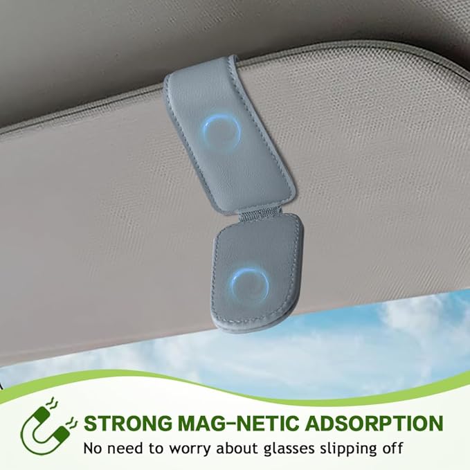 Sunglass Holder for Car, Sunglasses Clip for Car Visor, Magnetic Leather Vehicle Eyeglass Hanger Clip, Auto Ticket Card Glasses Organizer Clamp Accessories for SUV Sedan (Light Gray)