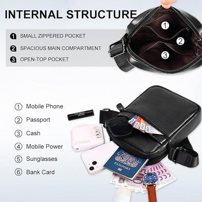 Leathario Men's Crossbody Shoulder Bag, Genuine Leather Small Messenger Satchel for Work Business Travel, Black Side Purse