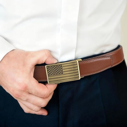 SANSTHS Mens Ratchet Belts Leather 1 3/8" for Men Dress and Casual, Adjustable Click Belts with American Flag Buckles