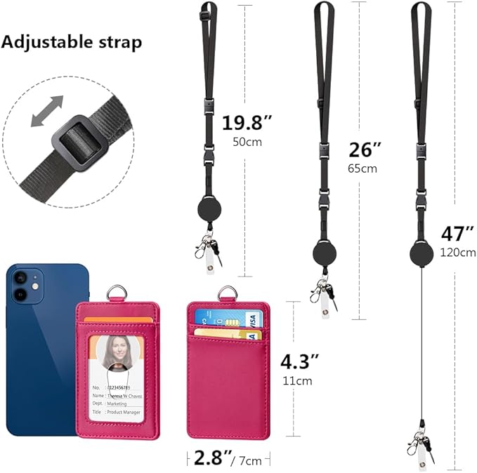 Leather Badge Holder and Adjustable Retractable Lanyards, Quick Release Buckle and Safety Breakaway Lanyards with Swivel Metal Clasp for Offices, Staff, Students, Employees