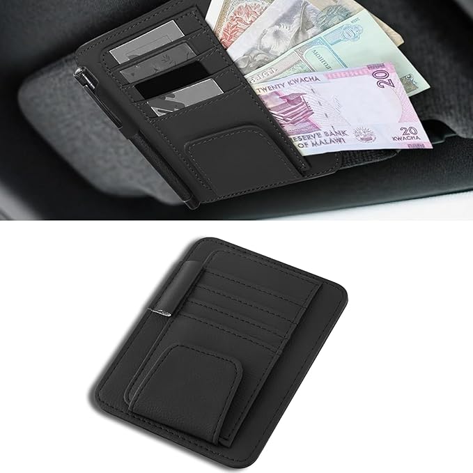 Car Sun Visor Organizer, Multifunctional Auto Visor Document Holder with Sunglasses Clip, Universal Car Interior Accessories Organizer for Drving License, Card, Pen (Black)