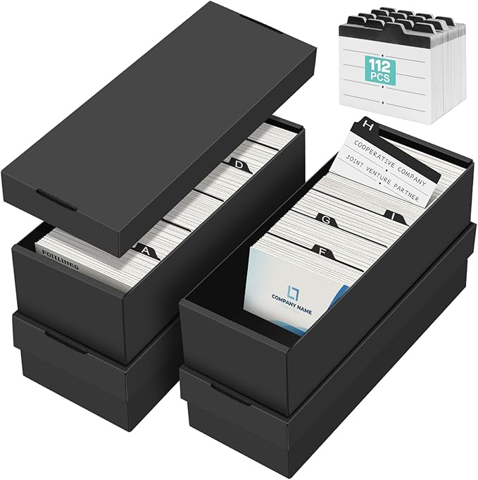 Business Card Storage Box 4 Pack, Business Card Holder Case with Lids & 112 Index Dividers, Holds 3200 Cards Total, Desk Business Card Organizer, Black Card Index & Recipe Card Storage