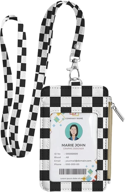 bolimoss Checkered Lanyard Wallet, Teacher Lanyard with ID Holder Small Keychain Wallet Pu Leather Slim Credit Card Holder with Breakaway Neck Strap for Key Name Tag
