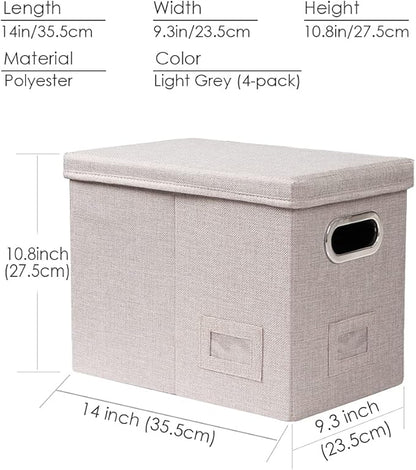 PRANDOM File Organizer Box - Set of 4 Collapsible Decorative Linen Filing Storage Hanging File Folders with Lids Office Cabinet Letter Size Light Grey (14x9.3x10.8 inch)