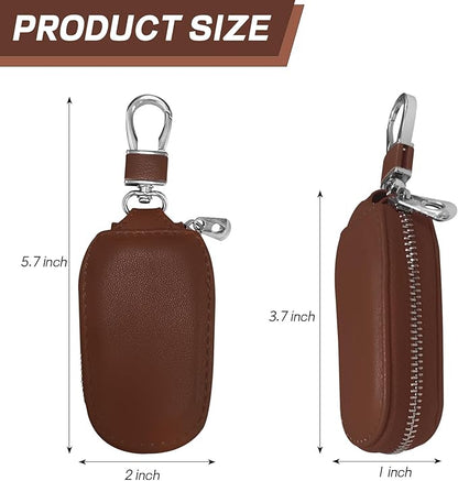 Car Key Case, Genuine Leather Auto Key Fob Protector, Universal Key Fob Cover Case with Metal Hook, Car Smart Keychain Holder for Remote Key Fob, Vehicle Keyring Zipper Bag (Coffee)