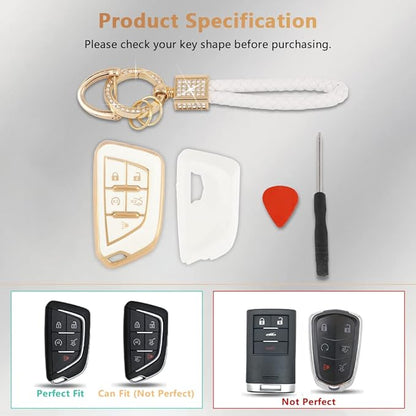 PIFOOG for Cadillac Key Fob Cover CT5 CT4 CT4-V Accessories 5 Buttons Soft TPU Car Smart Keys Shell Case Protector Full Covers Bling Keychain Lanyard Girly Women Cute White Gold
