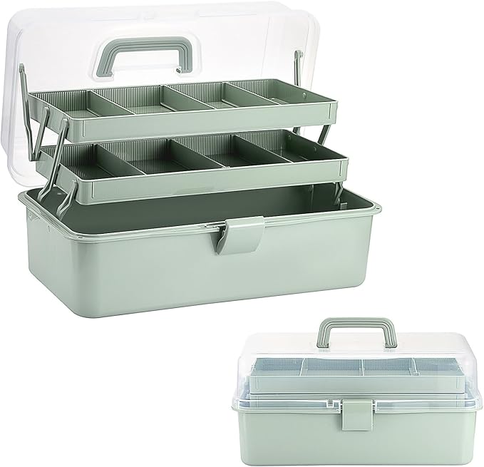 Tackle Box, 16-Inch Extra Large Art Storage Box with 3-Layer Folding Trays, Multipurpose Craft Organizers and Storage w/ Adjustable Dividers, Portable Tool Box for Sewing Supplies,Medicine &Cosmetics