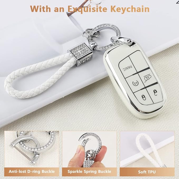 PIFOOG White Key Fob Cover for Jeep Grand Cherokee Compass Renegade Accessories TPU Soft Car Keys Case Shell Protector Bling Keychain 5 Buttons Girly Women Cute