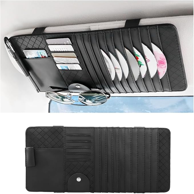 Zpana Car Sun Visor CD Case Holder, Multi-Function Vehicle DVD Eyeglass Organizer Clip with 10 DVD Storage Sleeves, Automotive Card Slots & Pen Holder Bag, Universal for SUV RV Truck (Black)