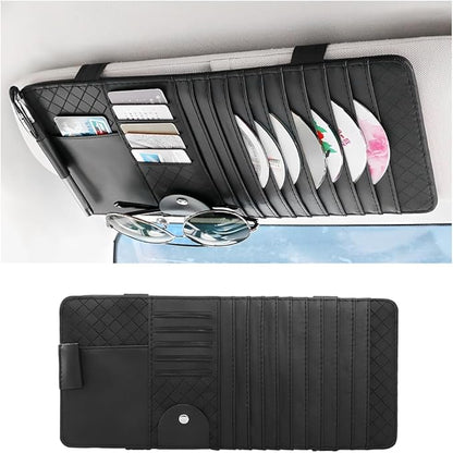 Zpana Car Sun Visor CD Case Holder, Multi-Function Vehicle DVD Eyeglass Organizer Clip with 10 DVD Storage Sleeves, Automotive Card Slots & Pen Holder Bag, Universal for SUV RV Truck (Black)