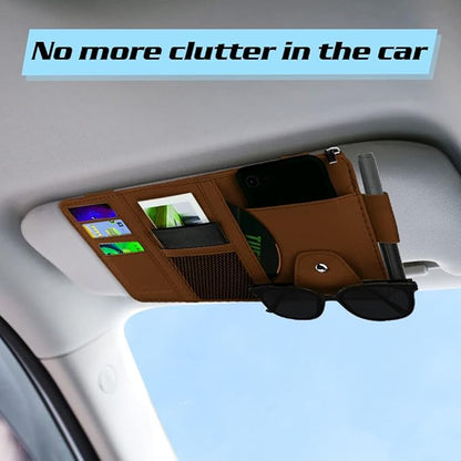 Car Sun Visor Organizer, Leather Pocket Organizer Sunglass Holder for Car Interior Accessories with Multi-Pocket Net Zipper (Brown)