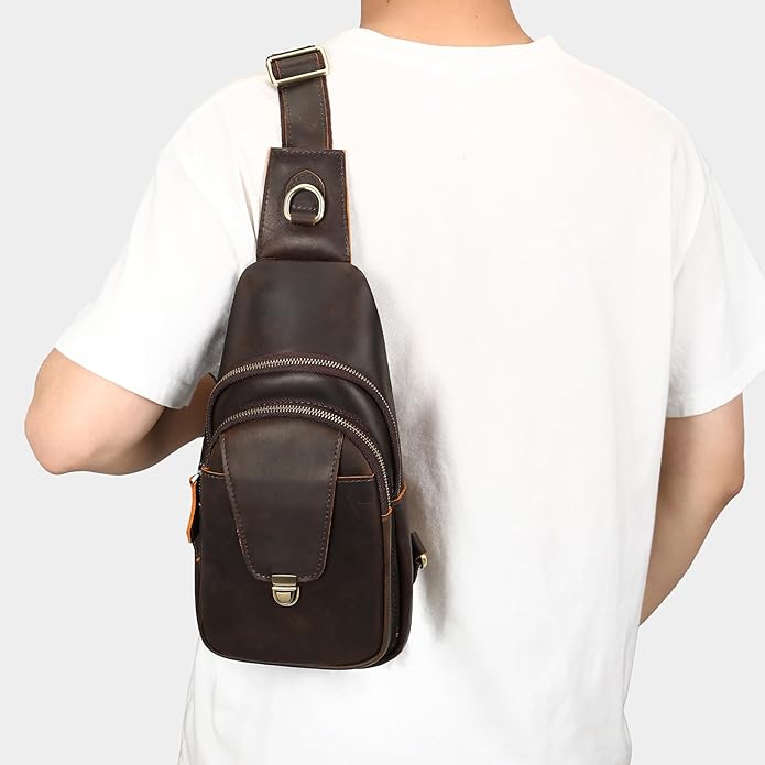 NIUCUNZH Genuine Leather Sling Bag Front Metal-Latch Crossbody Bags Handmade Vintage Chest Shoulder Backpack for Women Men