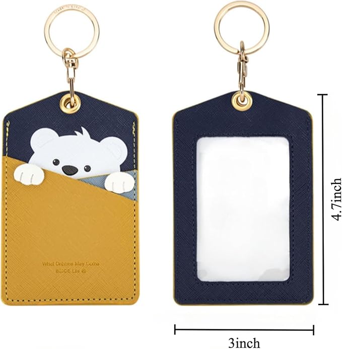 PU Leather ID Badge Holder with Keychain - Cartoon Animal Cute ID Badge Holder, 3 Card Slots for Professionals, Students, Nurse Officer, School Women Girls Boys (Yellow)