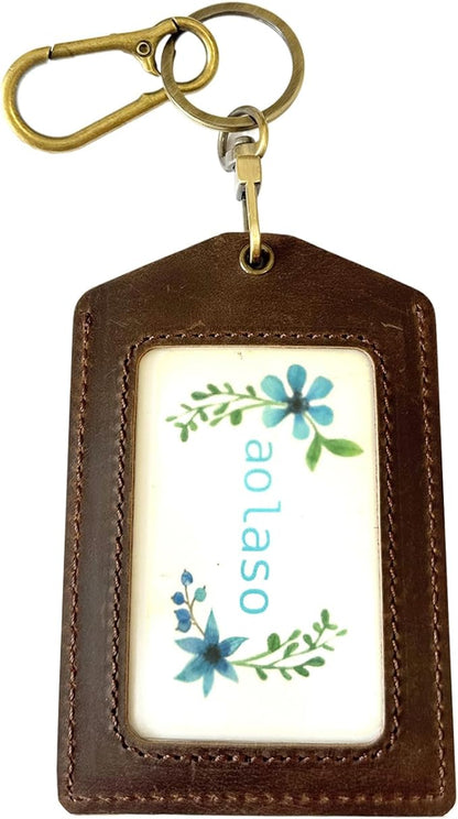 Badge Holder Vertical Handmade Leather ID Card Badge Holder Keychain with Heavy Duty Carabiner Clip for Men Women (Coffee Carabiner Clip)