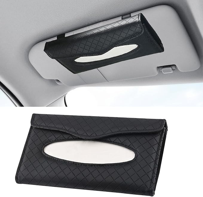 Car Tissue Holder, PU Leather Auto Napkin Holder for Visor & Backseat, Automotive Mask Organizer Case to Keep Vehicle Tidy, Universal Interior Accessories for Sedan Truck SUV (Black)